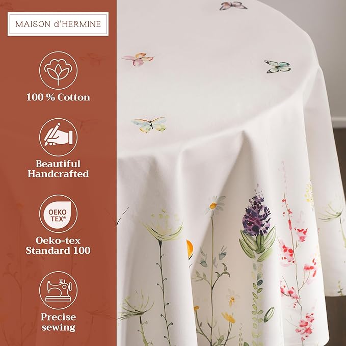 Maison d' Hermine Table Cloth Round Table 100% Cotton 69 Round Inches Tablecloth Reusable Decorative for Dining Room Farmhouse Home Valentines Day Decorations Spring Summer - Botanical Fresh