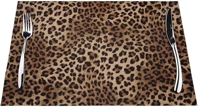 Brown Leopard Placemats Set of 4 Black Cheetah Skin Wild Animal Print Wipeable Table Mats Reusable Washable PVC Rectangle Place Mats for Kitchen Dining Home Decor 12x18 Inches