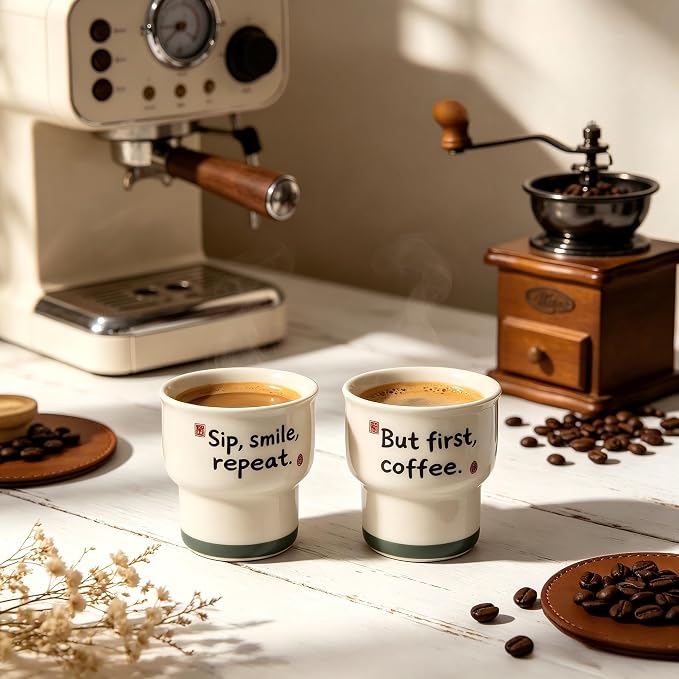Ceramic Espresso Cups Set of 2, 3.52 OZ Handleless Demitasse Cups, Stackable - Image 7