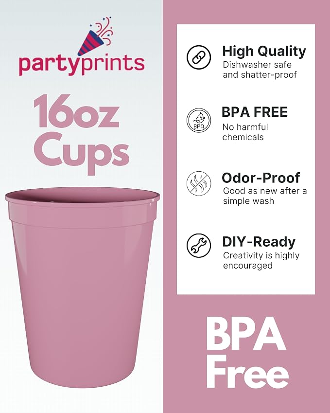 PartyPrints 100 Pack 16 oz Pink Reusable Blank Plastic Cups, Stadium Cups Bulk - Image 2