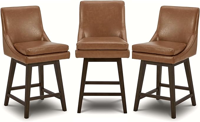 CHITA Counter Height Swivel Bar Stools Set of 3, FSC Certified Upholstered Faux Leather Barstool Chairs with Back, 26.8" H Seat Height, PU Leather in Retro Brown
