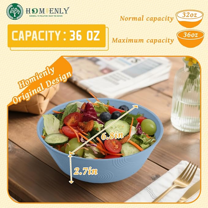 Homienly Wheat Straw Bowls 36 Oz Set of 6 - Unbreakable Microwave Safe Soup Bowls & Cereal Bowl, Reusable Plastic Bowls for Kitchen, Dining, Camping, Party, Dishwasher Safe Ramen Bowl (Sky Blue)