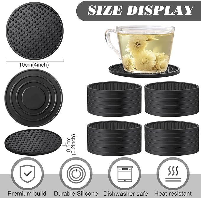 Eccliy 48 Pack Silicone Coasters for Drinks Nonslip Silicone Drink Coasters Cold Hot Heat Resistant for Table Tabletop Coffee Bar (Black)