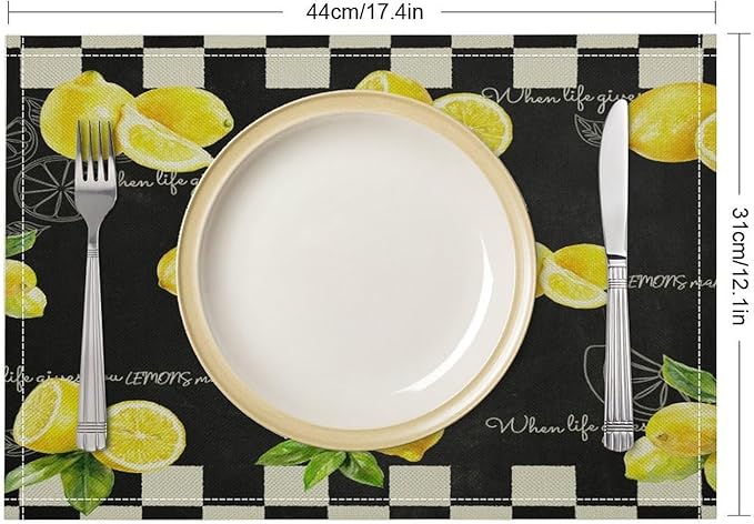 Vintage Lemon Placemat Set, Rustic Farmhouse Yellow Orange Fruit Leaves Black White Plaid Quotes Seamless Pattern Home Decor Linen Table Mats for Dining Room Kitchen Party (17x12in) x4P