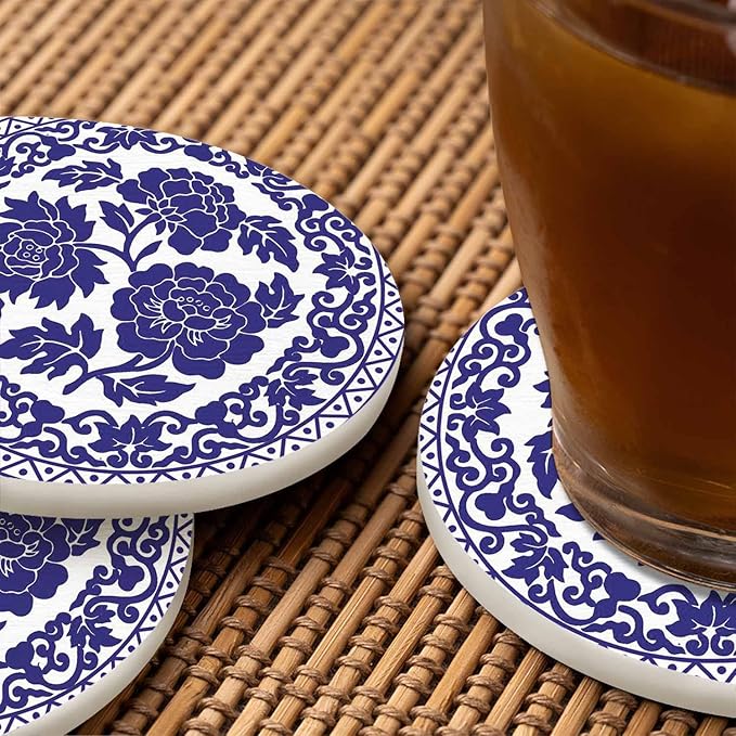 Blue Bouquet Cup Coasters for Table Polynesian Ornament Swirl Circle Totem Reusable Drink Coasters Set 2 Pcs Coffee Home Farmhouse Living Room Bar Decor
