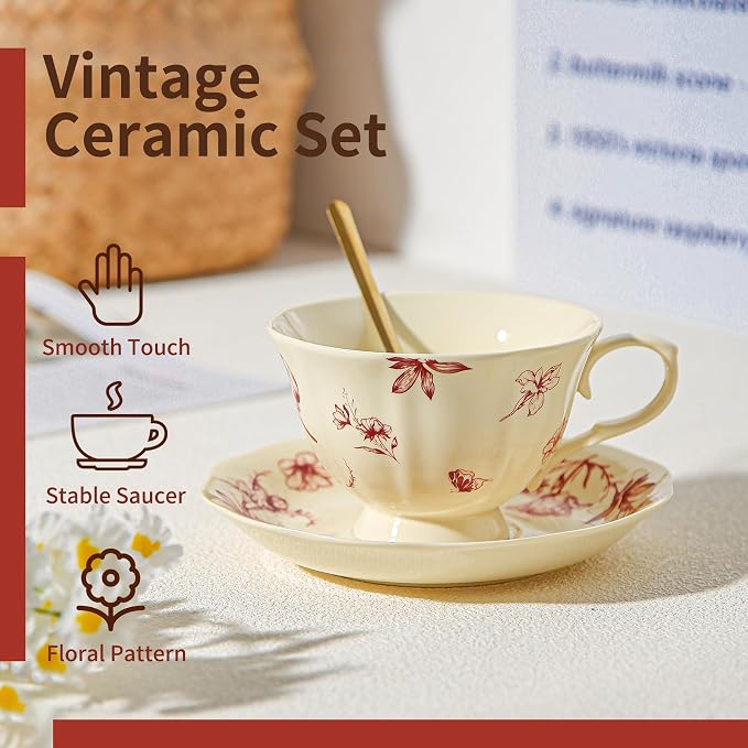 Vintage Fancy Porcelain Tea Cups and Saucers Set of 6, 8 oz China Ceramic - Image 6
