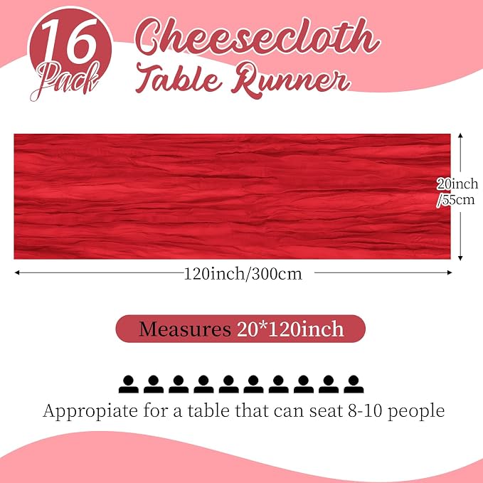 16 Pack Red Cheesecloth Table Runners 20x120 Inch Gauze Table Runner 10FT - Image 2