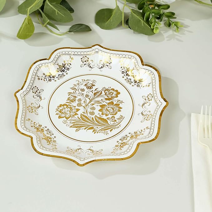 50 Pack 8" White Gold French Toile Dessert Plates, Disposable Round Paper Floral Pattern Appetizer Salad Plates 300 GSM for Party Decoration