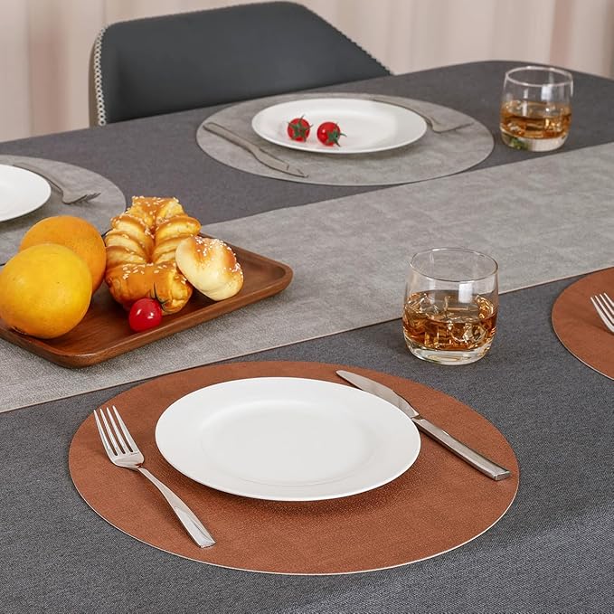 Myir JUN Reversible Vinyl Round Placemats Set of 4, Faux Leather Place Mats Dual Sided Waterproof Wipeable, Heat-Resistant Table Mats for Kitchen Dining Indoor Outdoor (14", Light Gray Reddish Brown)
