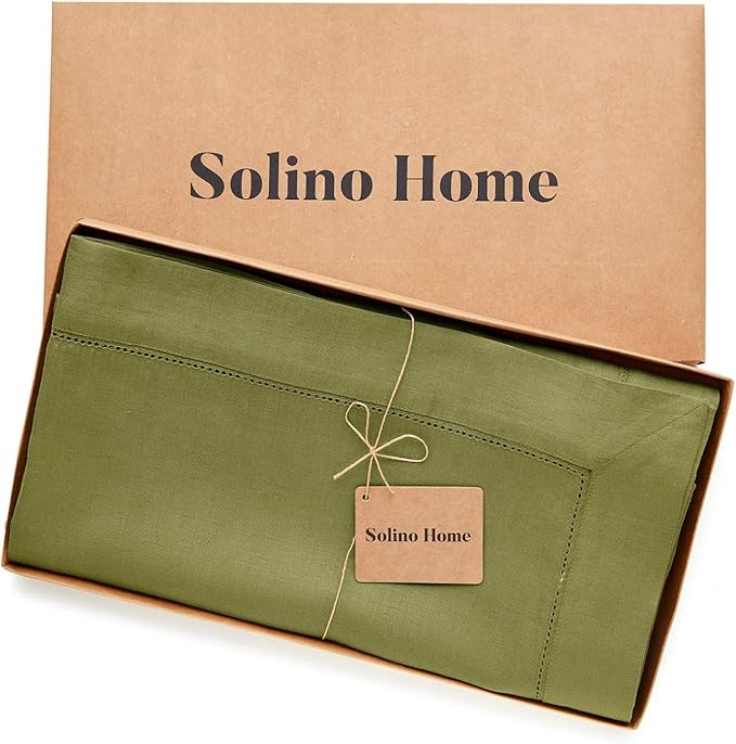 Solino Home Linen Avocado Green Tablecloth 60 x 120 Inch - Classic Hemstitch, 100% Pure Linen Rectangular Tablecloth - Machine Washable Table Cloth for Winter, Spring, Easter, St Patricks Day
