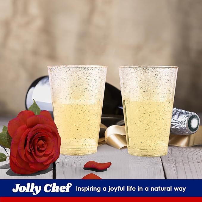 JOLLY CHEF 14 oz 50 Pack Gold Plastic Cups, Disposable Gold Glitter Plastic Cups Tumblers, Ideal for Wedding Halloween, Thanksgiving, Christmas Parties