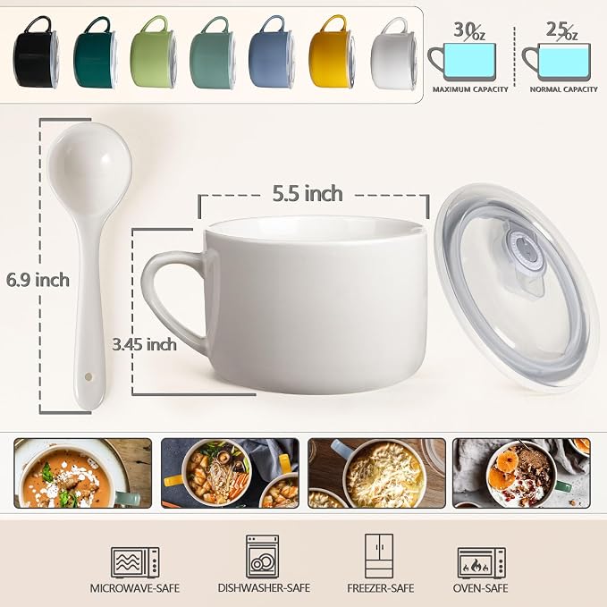 Soup Bowls with Handles & Spoons, 30oz Ceramic Ramen Bowl with Lid, Large Soup - Image 2