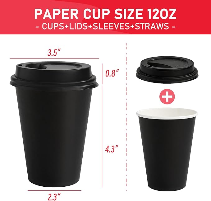 12 oz Paper Coffee Cups with Lids 100 Pack, To Go Cups, - Image 5