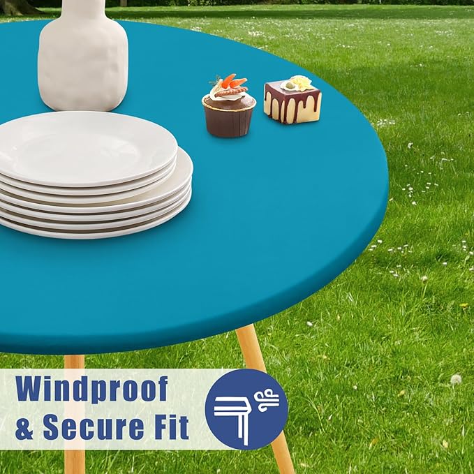 Round Spandex Tablecloth, Elastic Fitted Waterproof Tablecloths for 36"-44" Tables, Stretch Washable Picnic Table Cover for Camping, Dining, Indoor and Outdoor, Turquoise