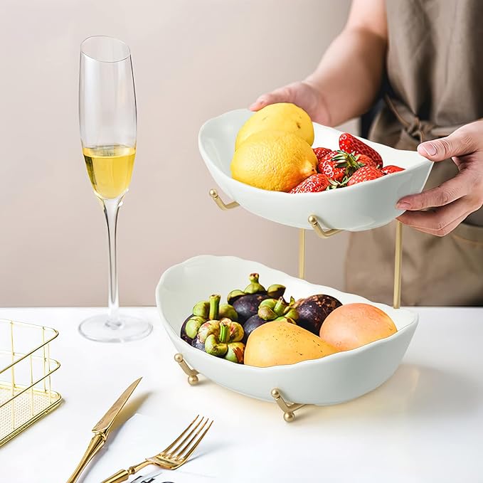 2 Tier Ceramic Fruit Bowl for Kitchen Counter, Tiered Fruit Basket for Countertop, Modern Multi Layer Fruit Display Stand for Party, Cute (Gold&White, Small)