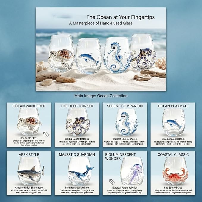 Artisanal Blue Ringed Octopus Glassware, 3D Ocean Glass Wine Glass，Shark | - Image 2