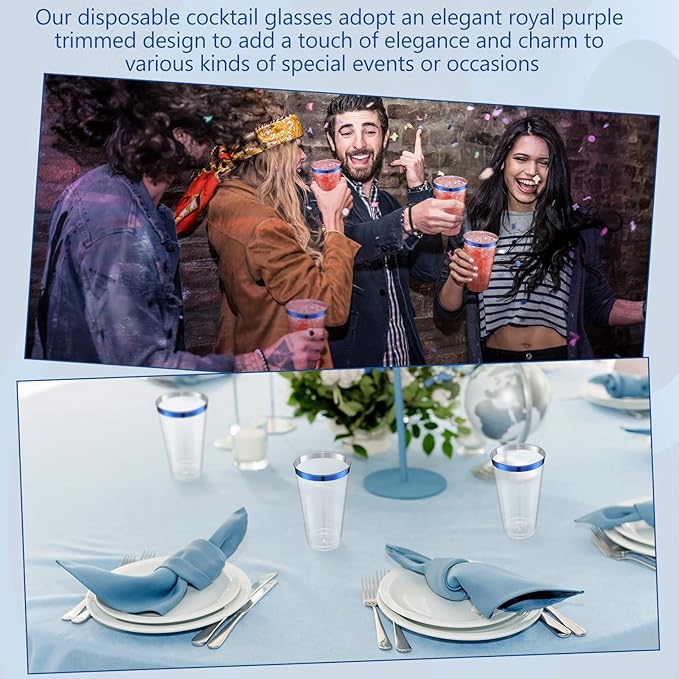 Patelai 100 Pcs 16oz Plastic Cups Disposable Rimmed Cups Heavy Duty Drinking Wine Glasses for Christmas Winter Birthday Beer Taste Serving Snack Sample Tastings Barbecues Picnic(Blue)