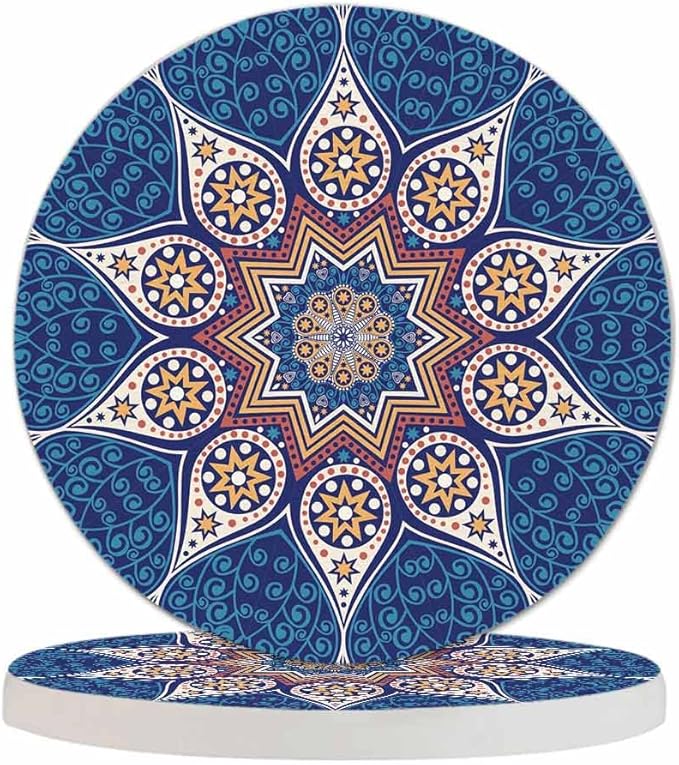 Kaleidoscopic Floral Pattern Round Coaster for Home Coffee Table Mandala Lace Chinese Mosaic Ornament Farmhouse Drink Coasters 100% Diatomite 4''X 4''X 0.35'' Printed Pattern