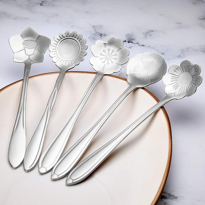 Chengu 8 Pcs Flower Coffee Tea Teaspoons Stainless Sugar Spoons ，Silver | - Image 4