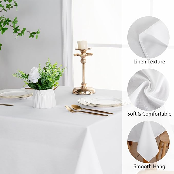 JIUZHEN Faux Linen Rectangle Tablecloth, Wrinkle Stain Resistant Farmhouse Textured Table Cloth Decorative Fabric for Kitchen, Dining, Party, Wedding,Outdoor Use,90 x 156 Inch,White