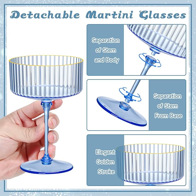 XUWAIDSGN 50 Pcs Champagne Martini Glasses 9 Oz with Gilded Removable Gold Rim Coupe Glasses Pink Martini Glasses Plastic Mimosa Vintage Coupe Glasses Set For Wedding Anniversary (50, Clear Blue)