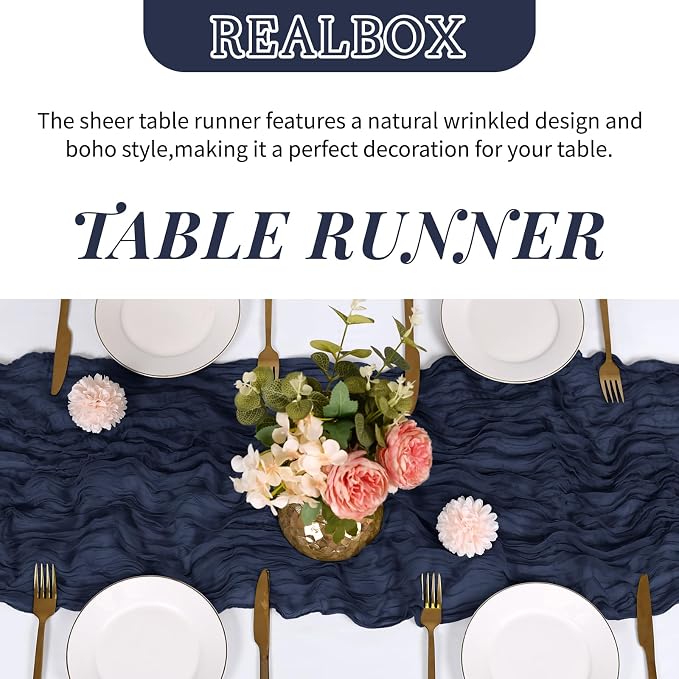 3 Pack Navy Blue Cheesecloth Table Runner 17x108 Inch Semi Sheer Boho Gauze - Image 4