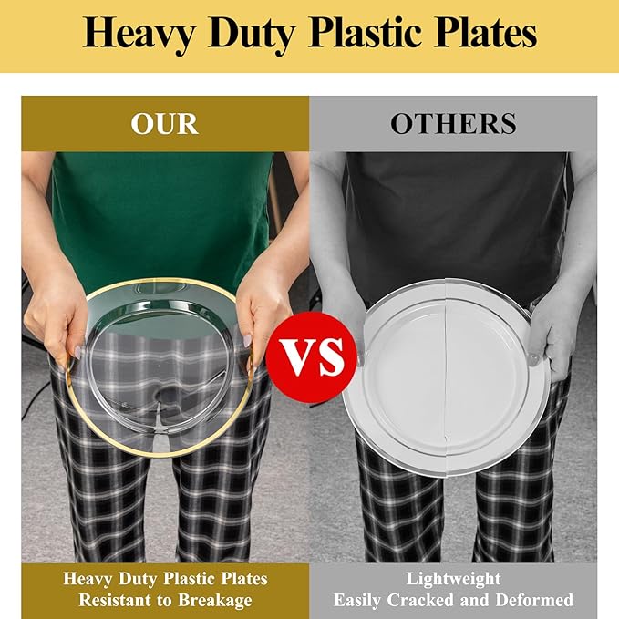 Goodluck 100PCS Clear Gold Plastic Plates, 10.25 Inch Dinner Plate with Silver Rim, Heavy Duty Disposable Plastic Plates for Party, Wedding, Birthday & Daily Use