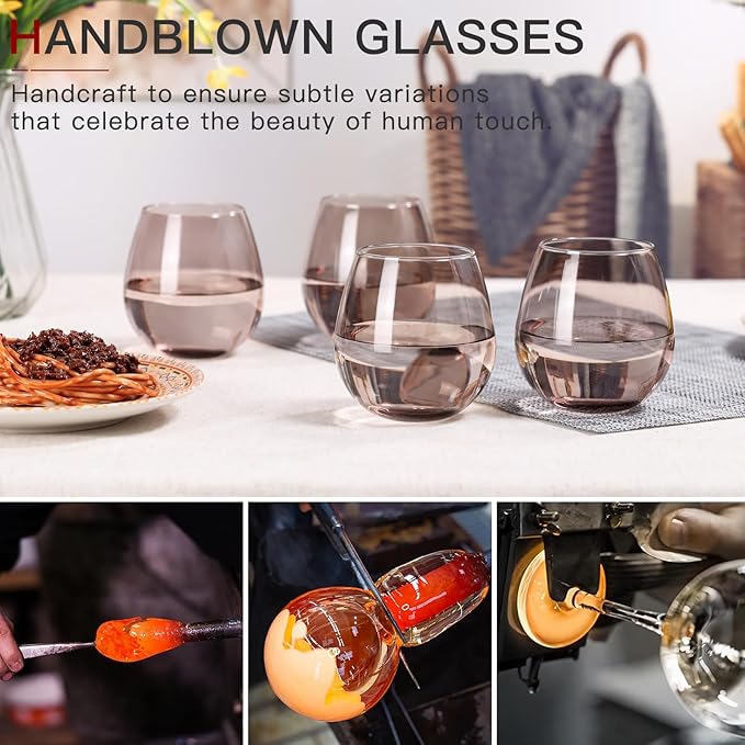 Colored Stemless Wine Glasses Set of 6-15 oz -Modern Hand-Blown Wine Glasses, European Design Crystal Glass For Red & White Wine, Unique Gifts for Wedding, Birthday(Smokey Grey)