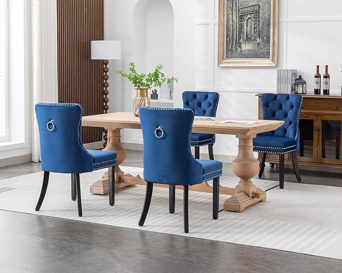 KCC Velvet Dining Chairs Set of 2, Upholstered High-end Tufted Dining Room Chair with Nailhead Back Ring Pull Trim Solid Wood Legs, Nikki Collection Modern Style for Kitchen, Blue