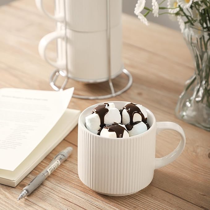 HASENSE 15oz Coffee mugs Set of 4,Stackable Ceramic Coffee Mug with Rack,Porcelain Coffee Cups for Latte,Cocoa, Americano, Hot Tea and Milk,Vertical Striped,White