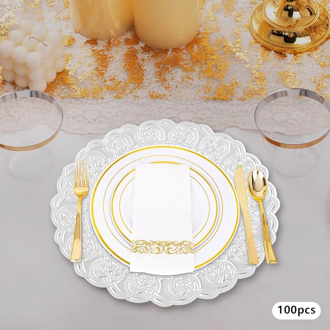 100 Pcs Antique Charger Plates Bulk, 13in Reusable Serving Plates Embossed Rim Plastic Party Dinner Plate Chargers Round Decorative Server Plate for Wedding Party Event Tableware