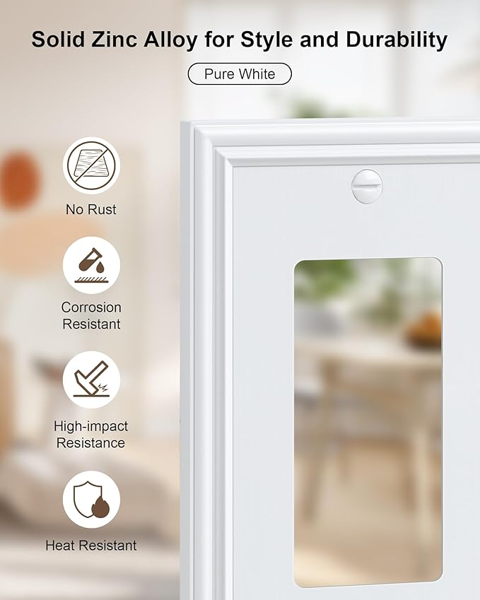 6-Pack Decorator Outlet Cover Plate, White Decorative Switch Plates and Outlet Covers, Durable Zinc Alloy Wall Plates for Electrical Outlets, Receptacle, GFCI Outlet, Dimmer Switch