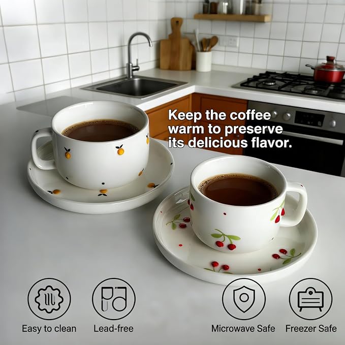 Ceramic Coffee Mug Set of 2, 8 oz Lemon Design Cups - Image 3