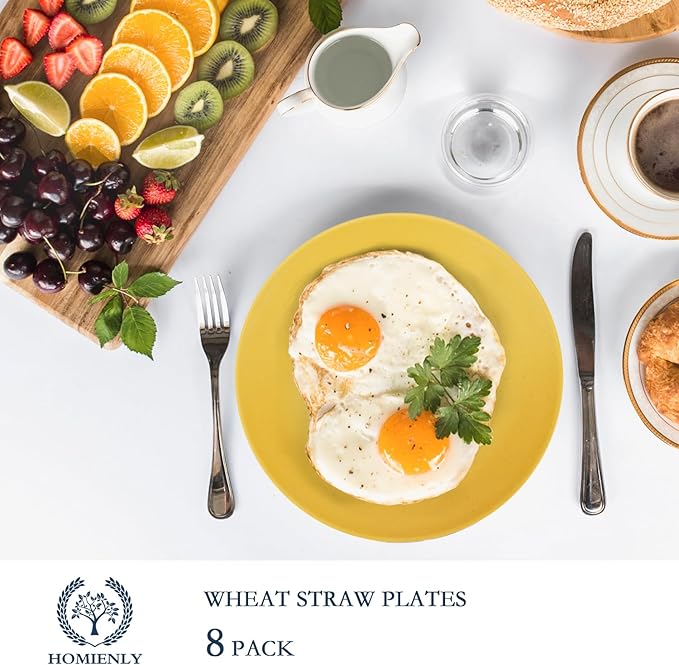 Homienly Flat Dinner Plates Set - 8 Microwave & Dishwasher Safe Wheat Straw Plates, Unbreakable, 9 inch Yellow