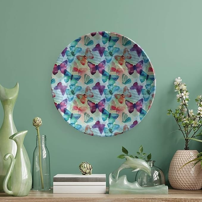 Decorative Plates, Abstract Print Ornament, Watercolor Rainbow Colored Butterflies and Letterings Music, 8 Inch, Kitchen Wall Decor, Multicolor