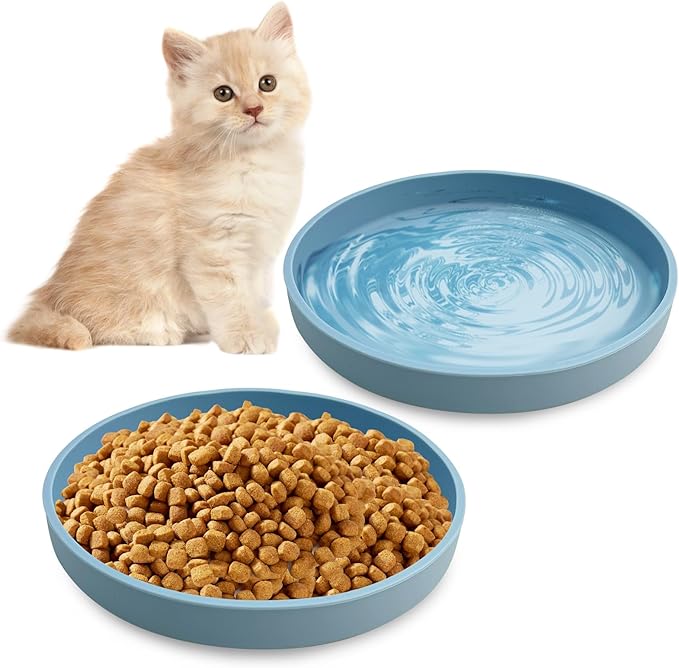 Silicone Cat Food Bowl Shallow Dishes 5.9in Wide Cats Bowls Set of 2 Kitty Plates Relief Whisker Fatigue Puppy Feeding Bowl for Dry Food and Wet Food Indoor (Round Blue)