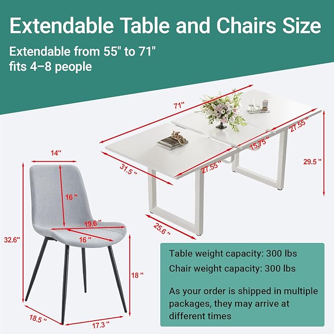 Extendable Dining Table Set for 8, 55"–71" Modern White Kitchen Table with 8 Upholstered Chairs, Space-Saving for Living Room Apartment, Sturdy & Comfortable, Easy Assembly