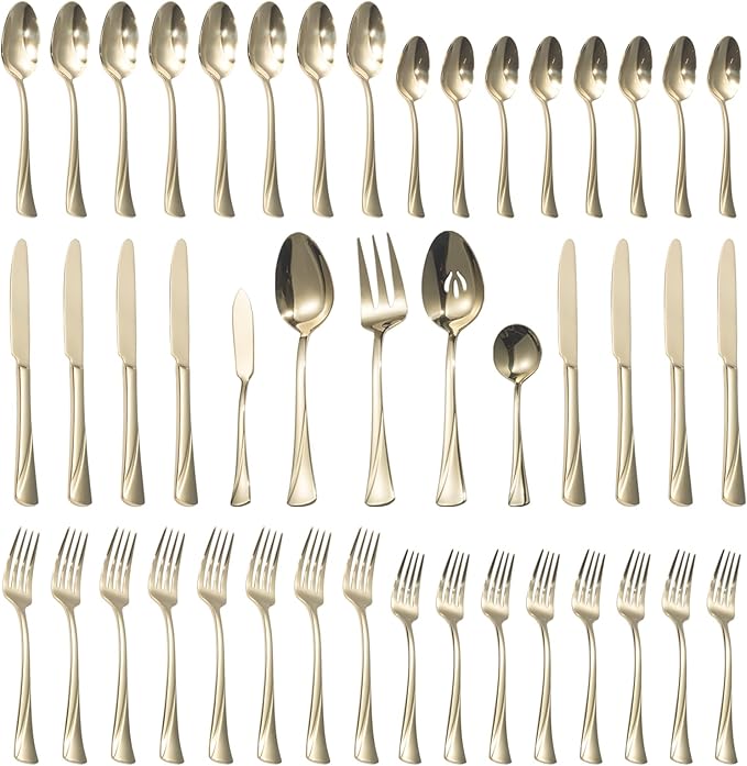 Alata Alice Champagne Gold Mirror 45-Piece Silverware Set Stainless Steel Flatware Set,Service for 8,Mirror Polished Cutlery Set,Dishwasher Safe
