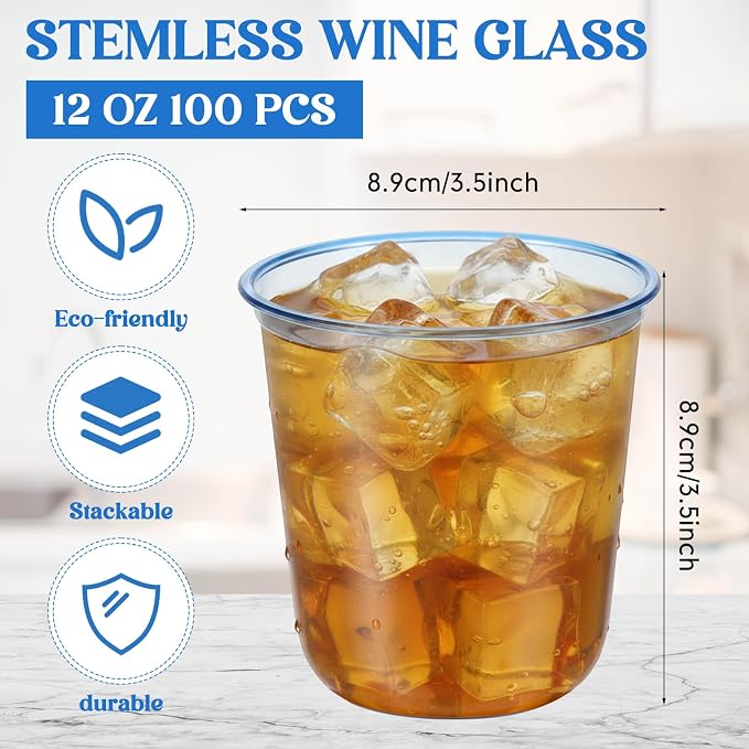 Ziliny 100 Pcs Disposable Stemless Glasses 12oz Crystal Plastic Wine Glasses - Image 3