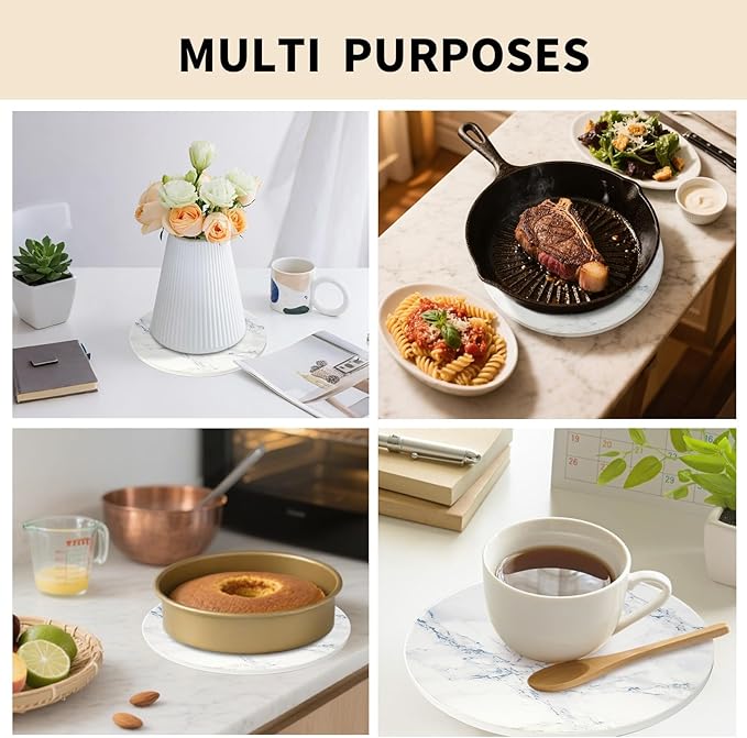 8 Inch Trivets for Hot Dishes, Pots and Pans, Marble Style Ceramic Trivet with Holder, Heat Resistant Hot Plate Mats for Countertops, Table, Home Essentials, Farmhouse Decor, Set of 3