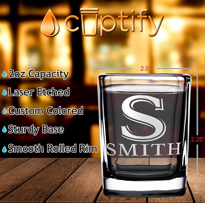 Personalized Shot Glasses Set of 4 Initial and Name 2oz Black Bottom Etched Square Shot Glass Engraved with Custom Text Birthday Gift for Men and Women