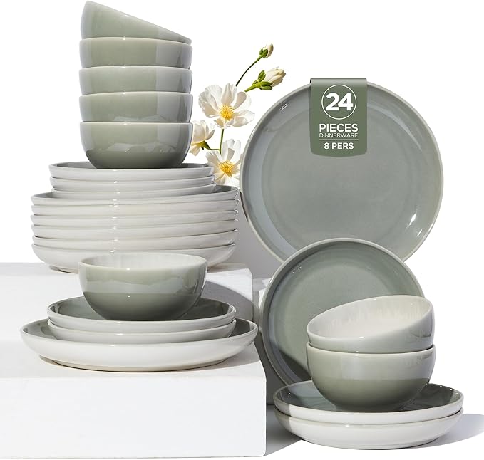 Plates and Bowls Sets for 8, 24 Piece Dinnerware Set for Large Families & Entertaining, Elegant Design, Dishwasher & Microwave Safe, Chip Resistant and Durable, Gray Green