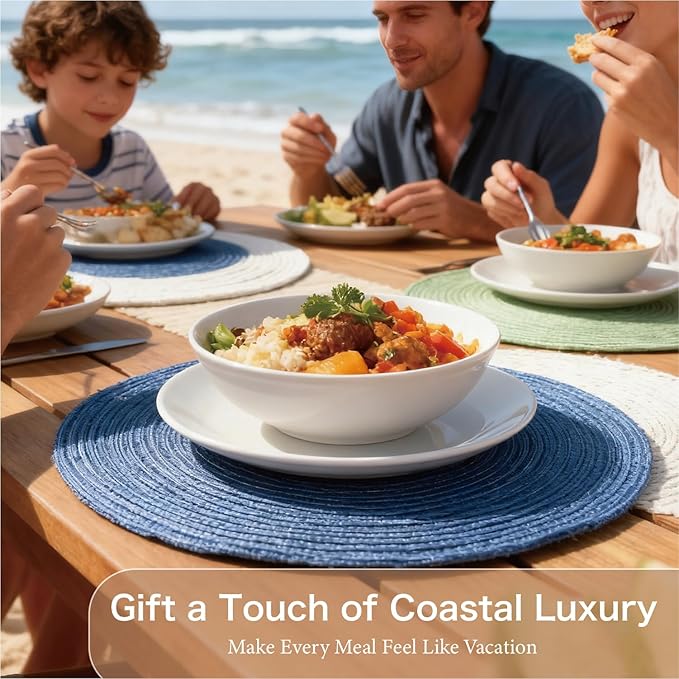 Blue Woven Placemats Set of 8,Washable Wipeable Woven TableMats Set of 8, Rattan Look Placemats,Blue ocen-Like placemats 15 Inch(Blue White)
