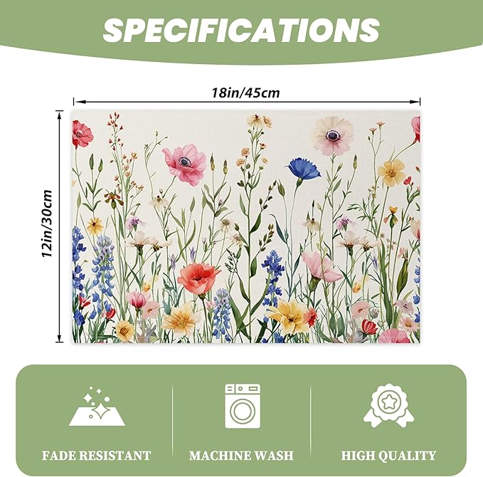 AOFOTO Floral Placemats Set of 4 Colorful Wild Flower Plants Printed Place Mats Artistic Rectangular Modern Table Mats for Home Kitchen Restaurant Party Dining Table Decor 12x18 Inch