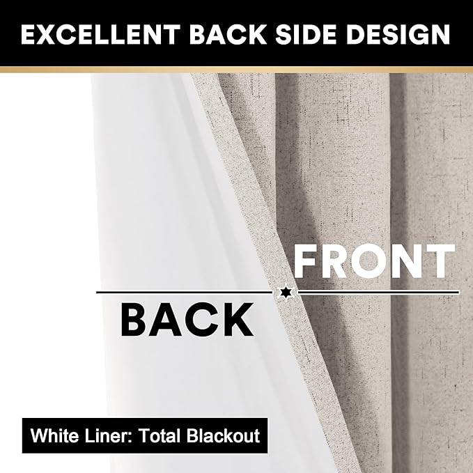PrinceDeco Blackout Curtains for Bedroom 100% Black Out Curtains 54 Inch Long Anti Rust Grommet Thermal Insulated Drapes Privacy Protection 2 Panels Set,52" W x 54" L,Natural
