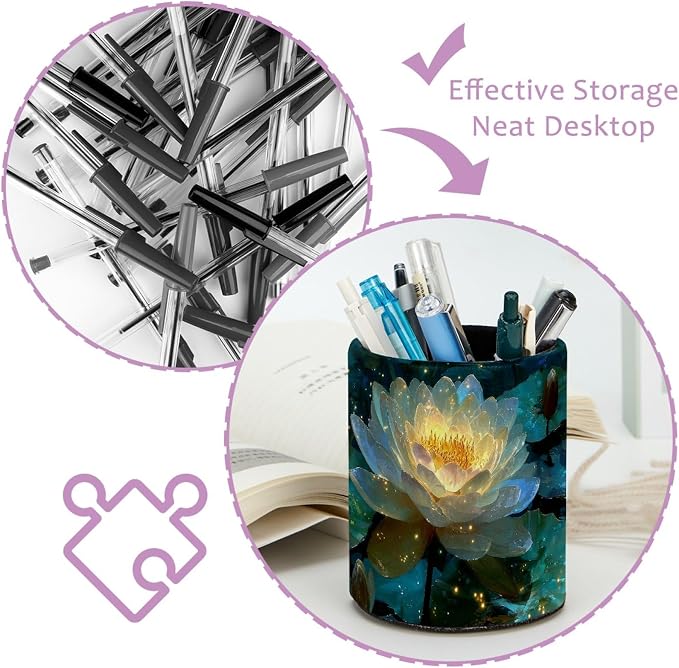 Leather Pen Holder for Desk, Water Lilies Pencil Cup Pen Organizer Makeup Brush - Image 4