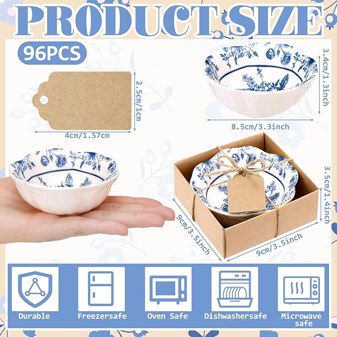 96 Pcs Wedding Favors for Guests Small Ceramic Bowl Bulk Gifts Set 3.3 Inch Floral Design Mini Dipping Sauce Dish with Card Box for Bridal Pooja Baby Shower Birthday Guest Gift (Blue)