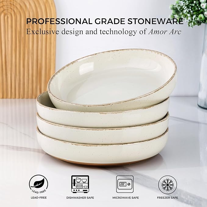 AmorArc 8.75'' Large Ceramic Pasta Bowls, 36oz Handpainted Stoneware Bowls Set of 4, Microwave&Dishwasher Safe Bowls with Wavy Rim&Rustic Terracotta Underside for Pasta Salad, Handbrush Rim