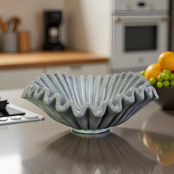 Large Decorative Bowl decor, Scalloped Pedestal Bowls for Modern Home Decor,Ruffle Decor,Stylish Key Bowl for Entry Table,Decorative Fruit Bowl for Kitchen Counter,Artificial Stone Marble Color