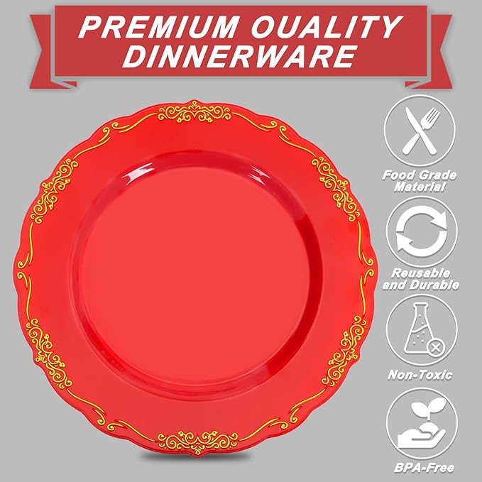 U-QE 100PCS Red Plastic Plates - Heavy Duty Red Disposable Plates Disposable with Gold Rim - Include 50PCS 10inch Dinner Plates and 50PCS 7.5inch Dessert/Salad Plates for Party